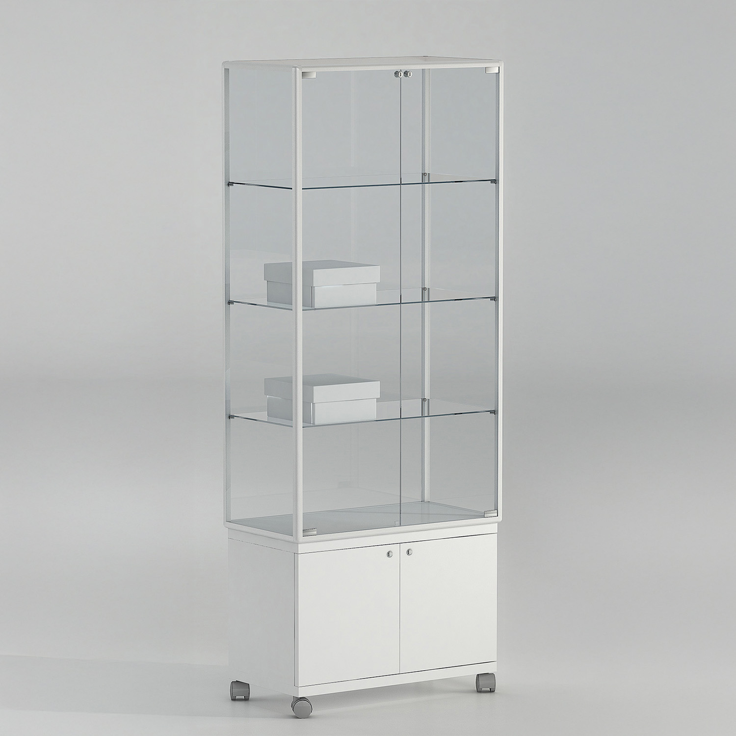 Vitrine 4 Etagen mit Unterschank und Rollen